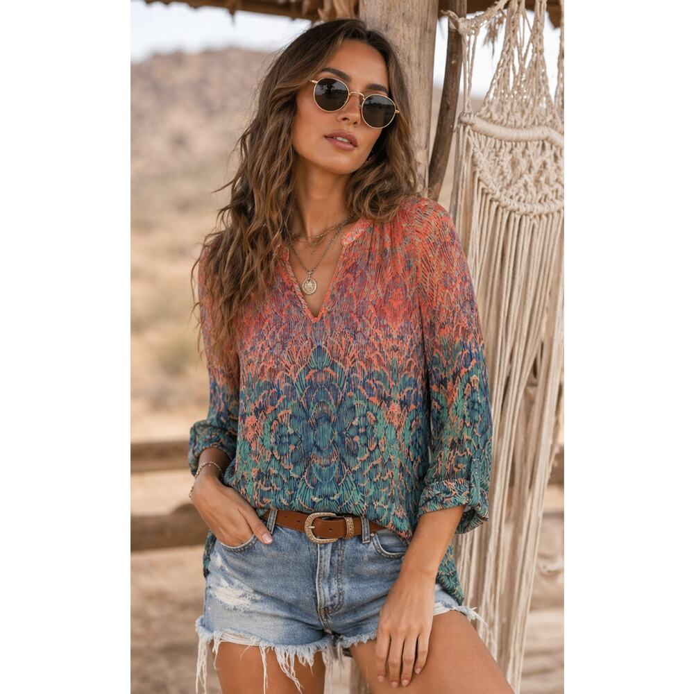 Lucky Brand Sheer Peacock Print Blouse | Boho Sheer Tunic Top | XS - Picture 2 of 7